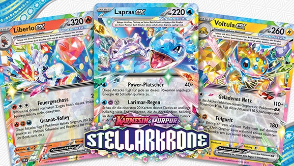 Dreierpack: Karmesin & Purpur – Stellarkrone: Liberlo-ex, Lapras-ex, Voltula-ex