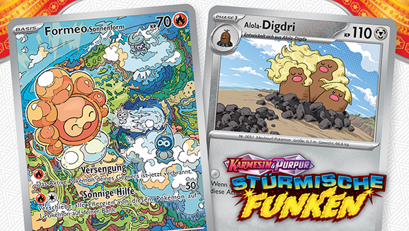 Illustrationen der Pokémon-Sammelkartenspiel-Erweiterung Karmesin & Purpur – Stürmische Funken