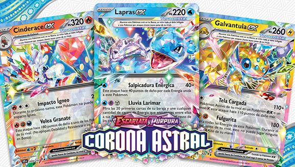 Triple jugada de Escarlata y Púrpura-Corona Astral: Cinderace ex, Lapras ex y Galvantula ex