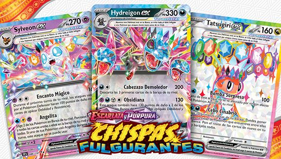 Triple jugada de Escarlata y Púrpura-Chispas Fulgurantes: Hydreigon ex, Sylveon ex y Tatsugiri ex