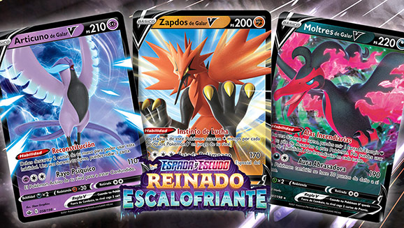 Articuno de Galar V, Zapdos de Galar V y Moltres de Galar V en Espada y Escudo-Reinado Escalofriante de JCC Pokémon