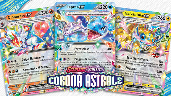 Tre mazzi dell’espansione Scarlatto e Violetto - Corona Astrale: Cinderace-ex, Lapras-ex e Galvantula-ex