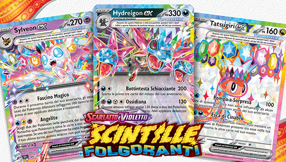 Tre mazzi dell’espansione Scarlatto e Violetto - Scintille Folgoranti: Hydreigon-ex, Sylveon-ex e Tatsugiri-ex