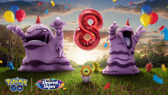 Grimer Wearing a Party Hat Debuts in the Pokémon GO Eighth Anniversary Event